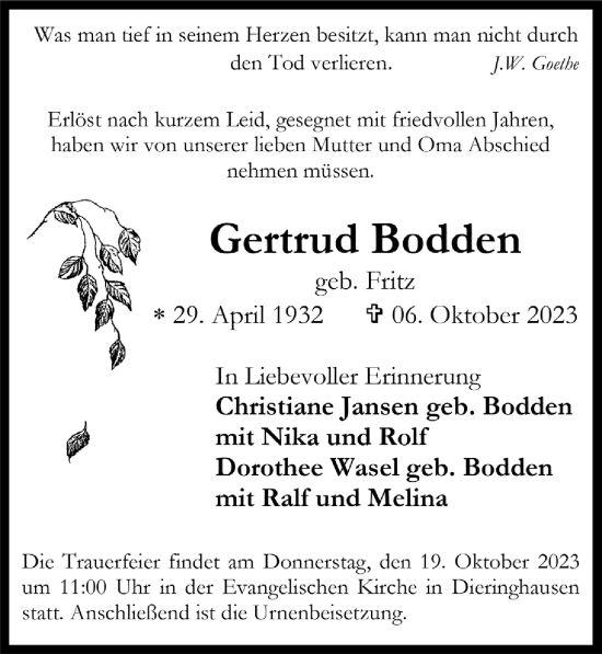 Anzeige von Gertrud Bodden von  Anzeigen Echo 