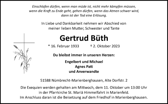 Anzeige von Gertrud Büth von Kölner Stadt-Anzeiger / Kölnische Rundschau / Express