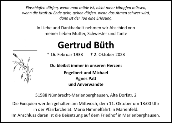 Anzeige von Gertrud Büth von  Lokalanzeiger 