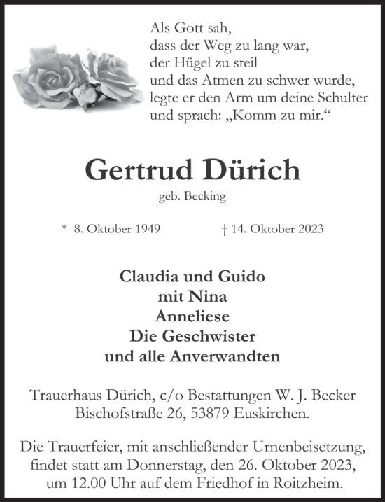 Anzeige von Gertrud Dürich von  Blickpunkt Euskirchen 