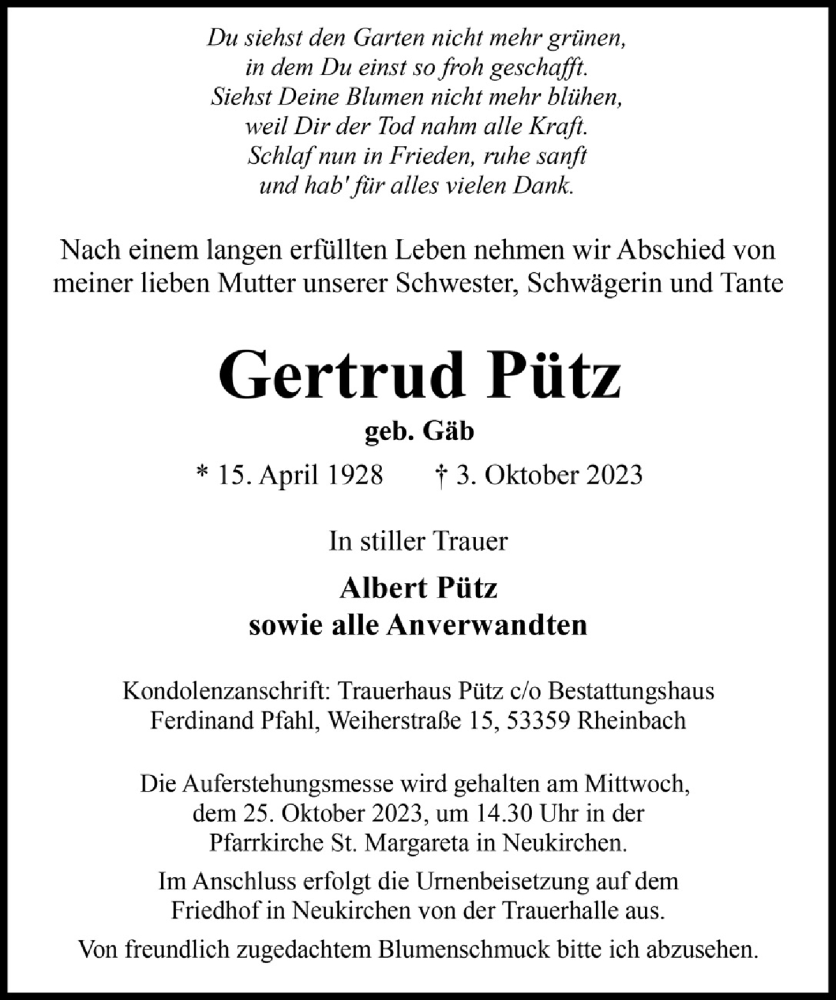  Traueranzeige für Gertrud Pütz vom 13.10.2023 aus  Schaufenster/Blickpunkt 