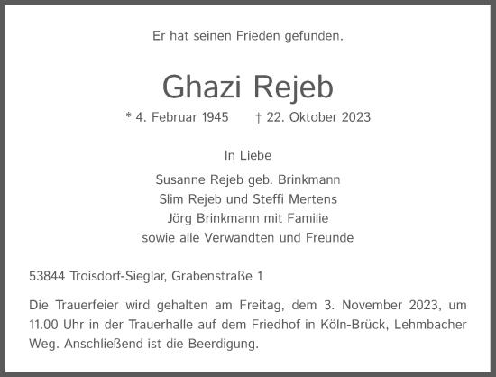 Anzeige von Ghazi Rejeb von Kölner Stadt-Anzeiger / Kölnische Rundschau / Express