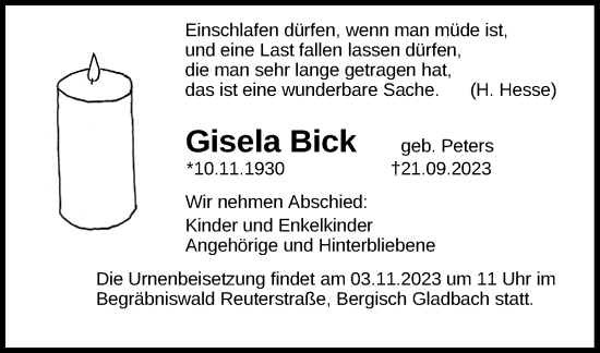 Anzeige von Gisela Bick von Kölner Stadt-Anzeiger / Kölnische Rundschau / Express