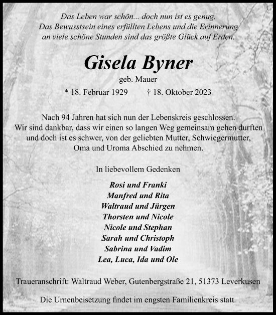 Anzeige von Gisela Byner von Kölner Stadt-Anzeiger / Kölnische Rundschau / Express