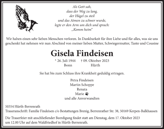 Anzeige von Gisela Findeisen von  Wochenende 