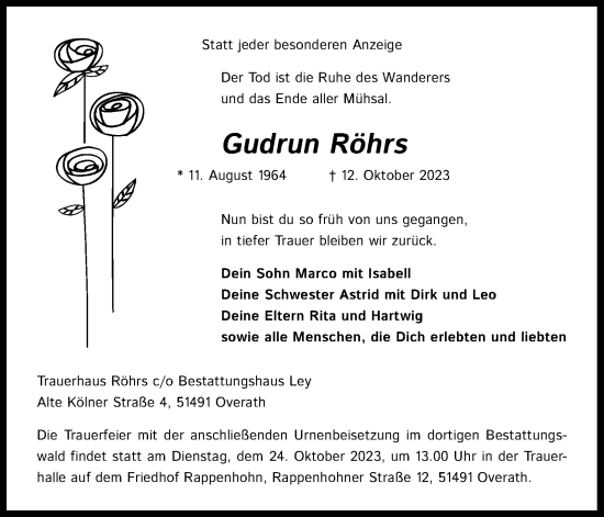 Anzeige von Gudrun Röhrs von Kölner Stadt-Anzeiger / Kölnische Rundschau / Express