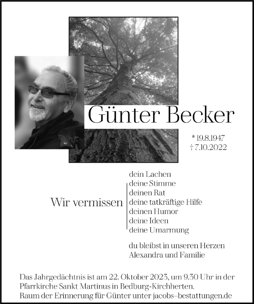  Traueranzeige für Günter Becker vom 18.07.2023 aus  Werbepost 