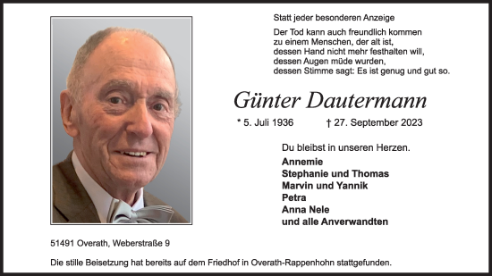 Anzeige von Günter Dautermann von Kölner Stadt-Anzeiger / Kölnische Rundschau / Express