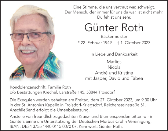 Anzeige von Günter Roth von Kölner Stadt-Anzeiger / Kölnische Rundschau / Express