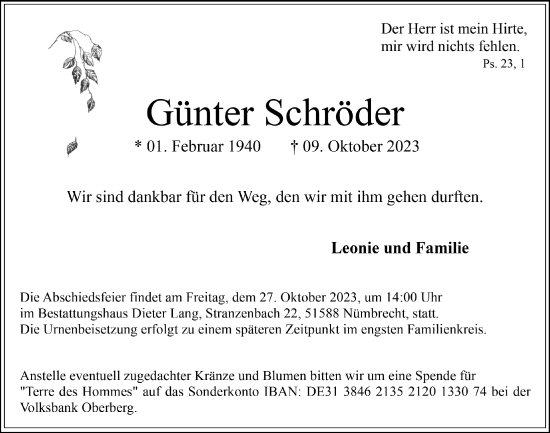 Anzeige von Günter Schröder von  Lokalanzeiger 