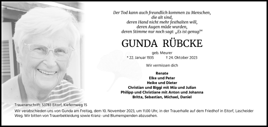 Anzeige von Gunda Rübcke von Kölner Stadt-Anzeiger / Kölnische Rundschau / Express