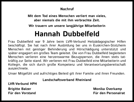 Anzeige von Hannah Dubbelfeld von Kölner Stadt-Anzeiger / Kölnische Rundschau / Express
