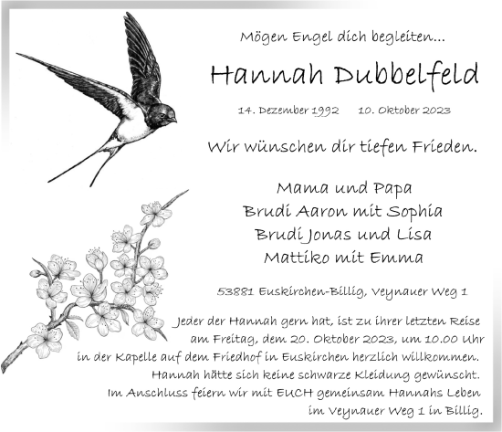 Anzeige von Hannah Dubbelfeld von  Blickpunkt Euskirchen 