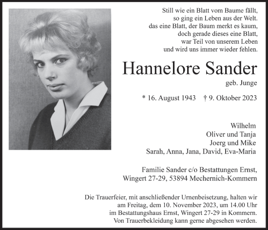 Anzeige von Hannelore Sander von  Blickpunkt Euskirchen 