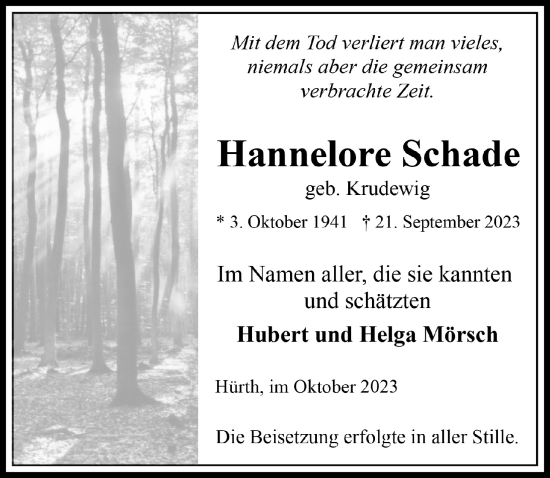Anzeige von Hannelore Schade von  Wochenende 