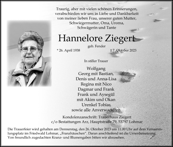 Anzeige von Hannelore Ziegert von Kölner Stadt-Anzeiger / Kölnische Rundschau / Express