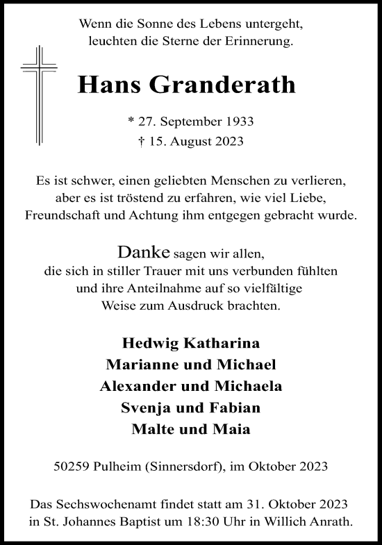 Anzeige von Hans Granderath von Kölner Stadt-Anzeiger / Kölnische Rundschau / Express