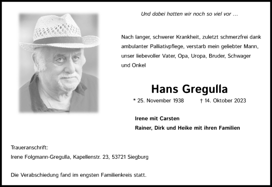 Anzeige von Hans Gregulla von Kölner Stadt-Anzeiger / Kölnische Rundschau / Express
