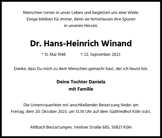 Anzeige von Hans-Heinrich Winand von Kölner Stadt-Anzeiger / Kölnische Rundschau / Express