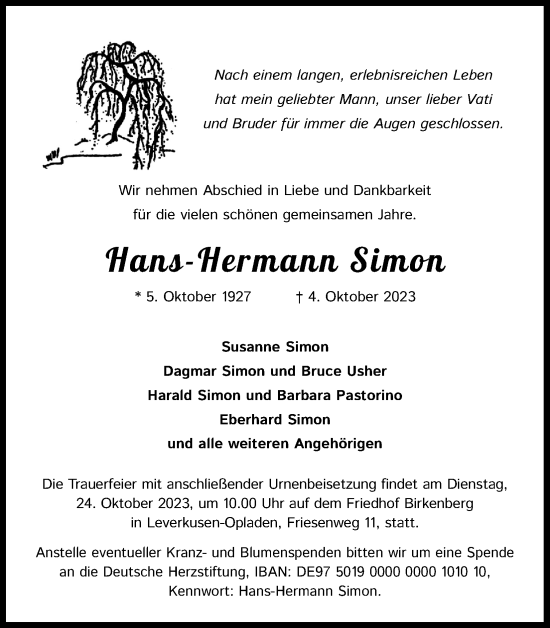 Anzeige von Hans-Hermann Simon von Kölner Stadt-Anzeiger / Kölnische Rundschau / Express