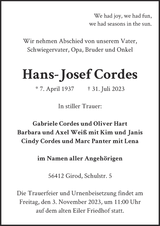 Anzeige von Hans-Josef Cordes von  EXPRESS - Die Woche 