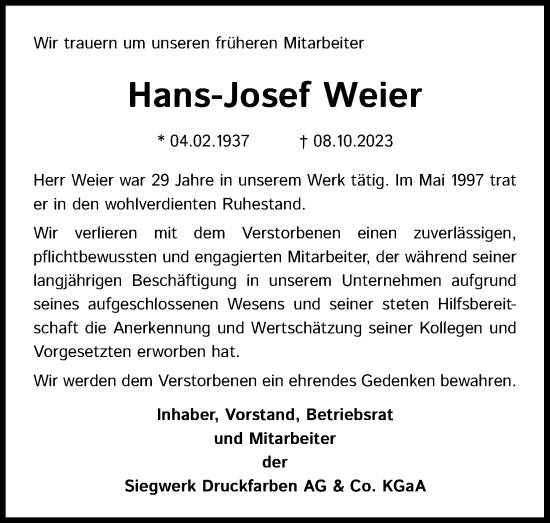 Anzeige von Hans-Josef Weier von Kölner Stadt-Anzeiger / Kölnische Rundschau / Express