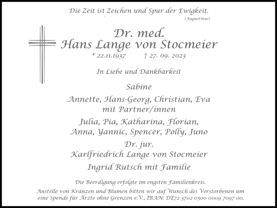 Anzeige von Hans Lange von Stocmeier von Kölner Stadt-Anzeiger / Kölnische Rundschau / Express