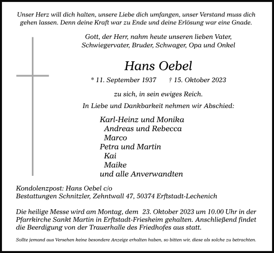 Anzeige von Hans Oebel von Kölner Stadt-Anzeiger / Kölnische Rundschau / Express