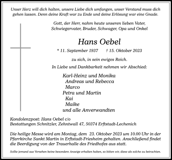 Anzeige von Hans Oebel von  Werbepost 