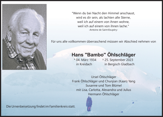 Anzeige von Hans Öhlschläger von Kölner Stadt-Anzeiger / Kölnische Rundschau / Express