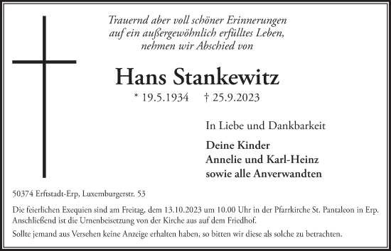 Anzeige von Hans Stankewitz von  Werbepost 