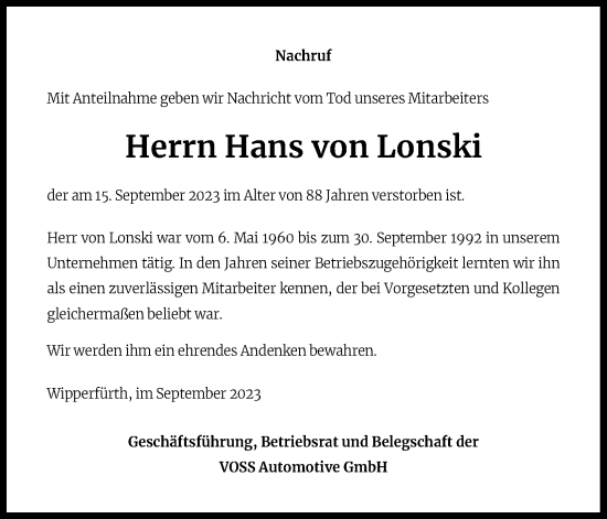 Anzeige von Hans von Lonski von Kölner Stadt-Anzeiger / Kölnische Rundschau / Express