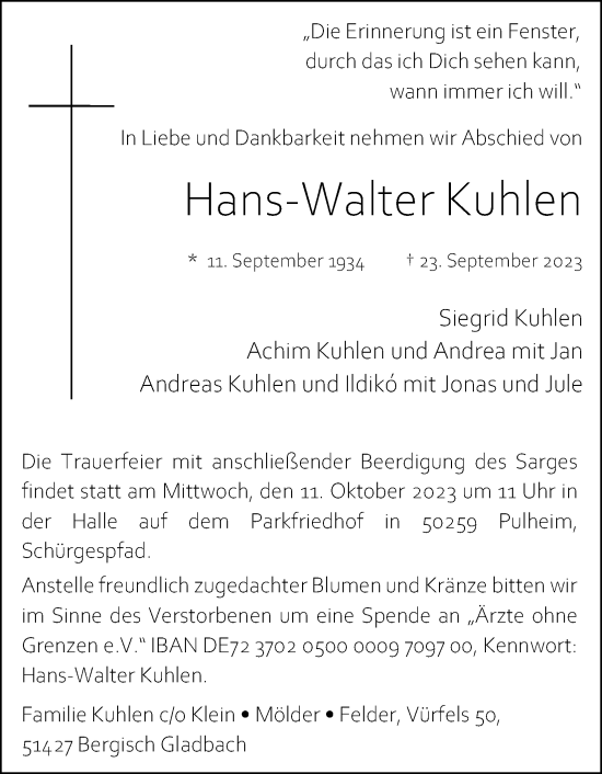 Anzeige von Hans-Walter Kuhlen von Kölner Stadt-Anzeiger / Kölnische Rundschau / Express