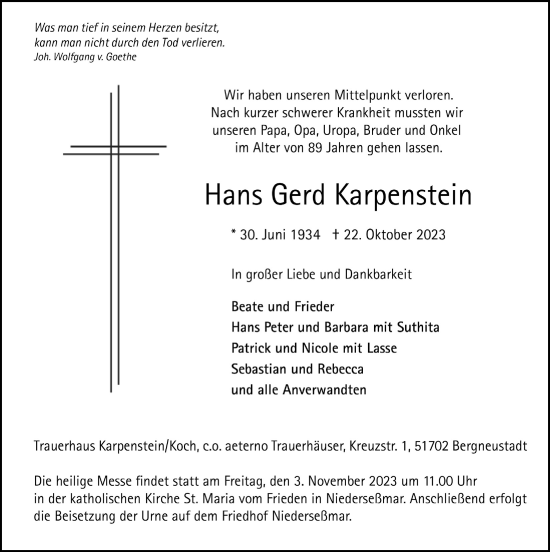 Anzeige von Hans Gerd Karpenstein von  Anzeigen Echo 