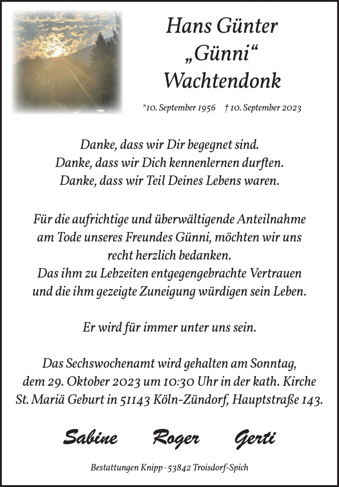  Traueranzeige für Hans Günter Wachtendonk vom 20.10.2023 aus  EXPRESS - Die Woche 