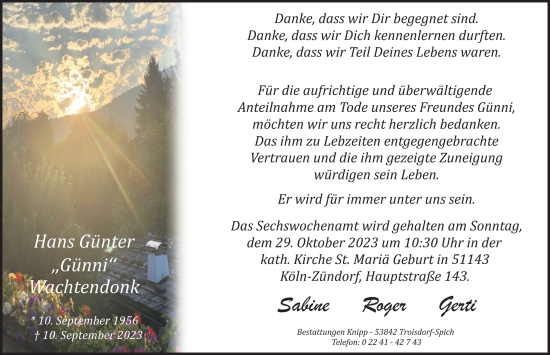 Anzeige von Hans Günter Wachterdonk von Kölner Stadt-Anzeiger / Kölnische Rundschau / Express