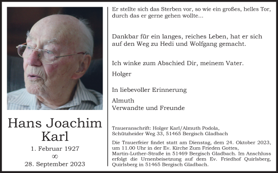 Anzeige von Hans Joachim Karl von Kölner Stadt-Anzeiger / Kölnische Rundschau / Express
