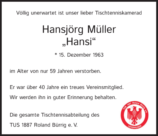 Anzeige von Hansjörg Müller von Kölner Stadt-Anzeiger / Kölnische Rundschau / Express