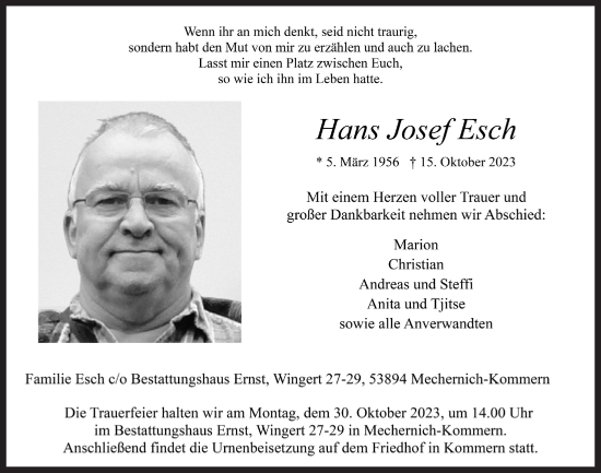 Anzeige von Hans Josef Esch von  Blickpunkt Euskirchen 
