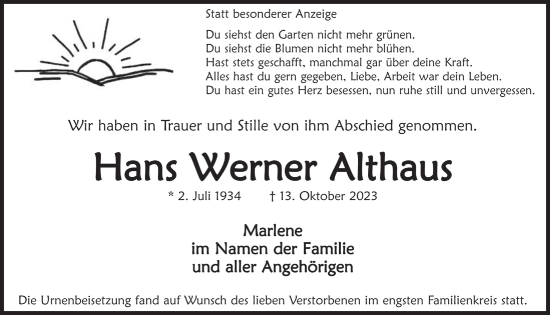 Anzeige von Hans Werner Althaus von  Anzeigen Echo 