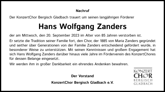 Anzeige von Hans Wolfgang Zanders von Kölner Stadt-Anzeiger / Kölnische Rundschau / Express