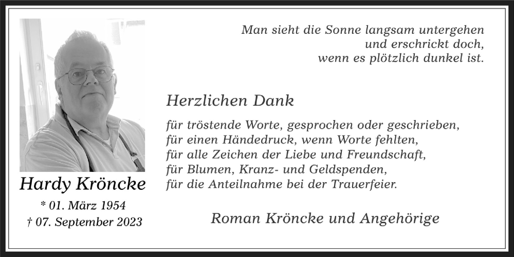  Traueranzeige für Hardy Kröncke vom 13.10.2023 aus  Werbepost 