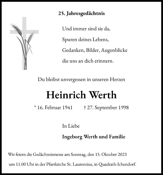 Anzeige von Heinrich Werth von Kölner Stadt-Anzeiger / Kölnische Rundschau / Express