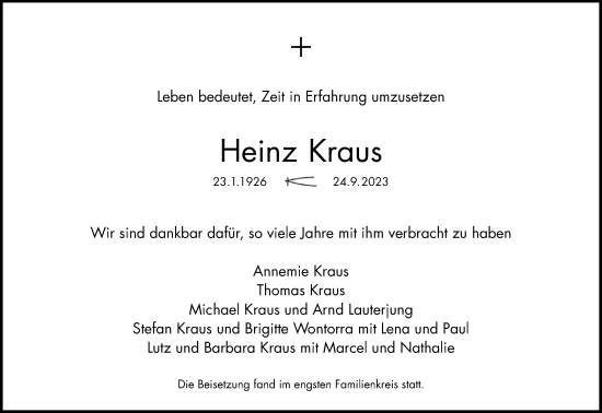 Anzeige von Heinz Kraus von Kölner Stadt-Anzeiger / Kölnische Rundschau / Express