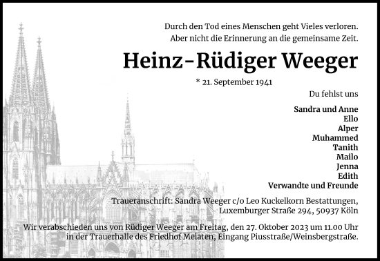 Anzeige von Heinz-Rüdiger Weeger von Kölner Stadt-Anzeiger / Kölnische Rundschau / Express