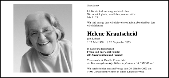 Anzeige von Helene Krautscheid von Kölner Stadt-Anzeiger / Kölnische Rundschau / Express