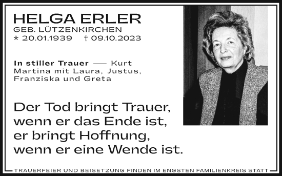 Anzeige von Helga Erler von Kölner Stadt-Anzeiger / Kölnische Rundschau / Express