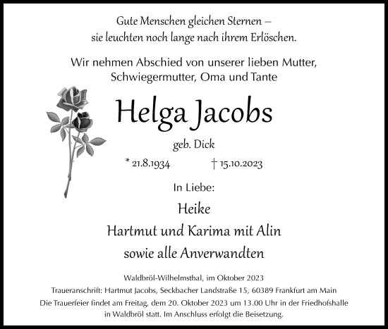 Anzeige von Helga Jacobs von Kölner Stadt-Anzeiger / Kölnische Rundschau / Express