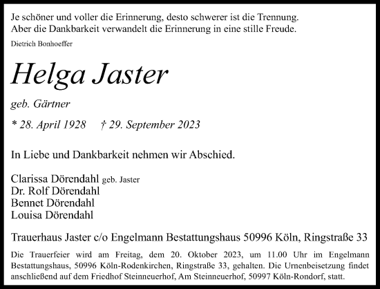 Anzeige von Helga Jaster von Kölner Stadt-Anzeiger / Kölnische Rundschau / Express