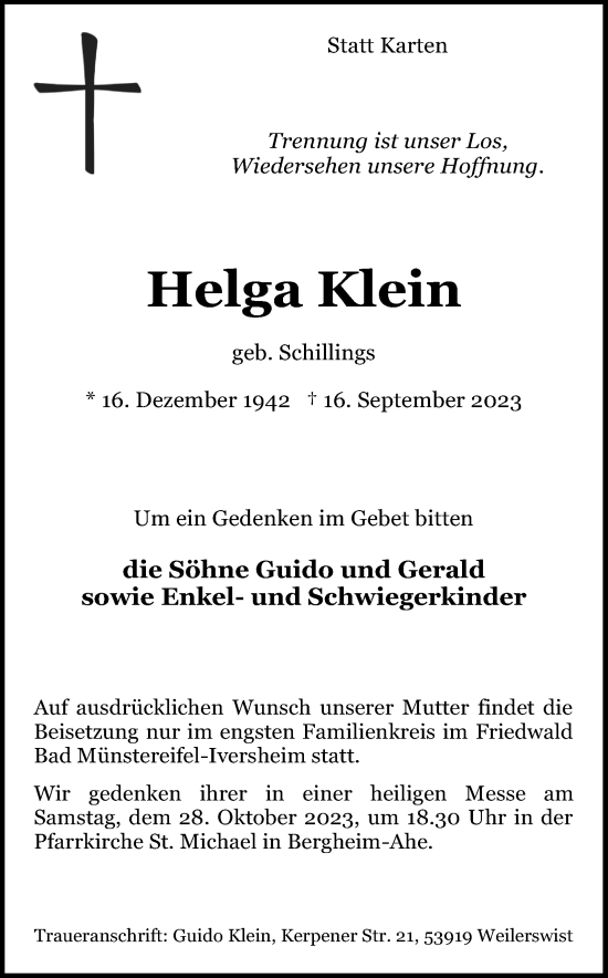 Anzeige von Helga Klein von Kölner Stadt-Anzeiger / Kölnische Rundschau / Express